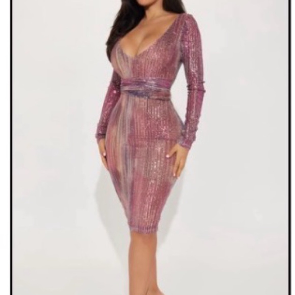 Fashion Nova Shimmering Pink Long Sleeve Dress